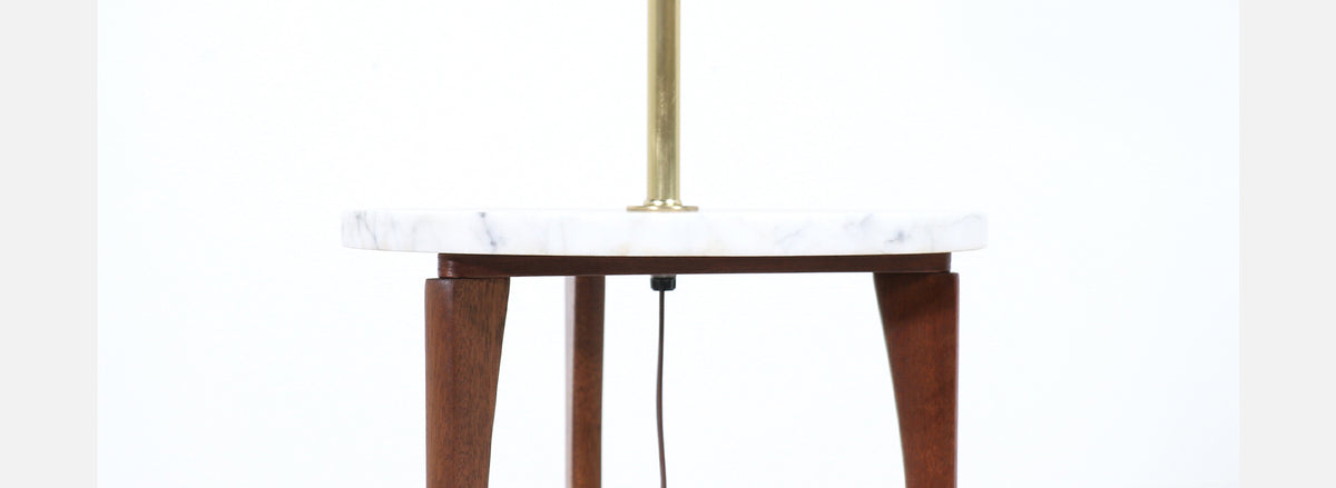 Mid-Century Modern Sculpted Walnut Floor Lamp with Marble Side Table