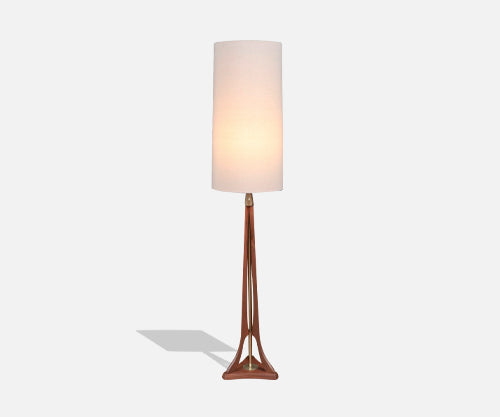 Mid-Century Modern Sculpted Korina Wood & Brass Floor Lamp