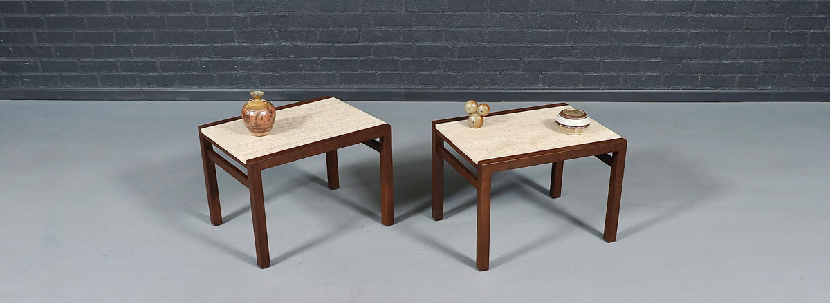Pair of Californian Modern Travertine Top Side Tables