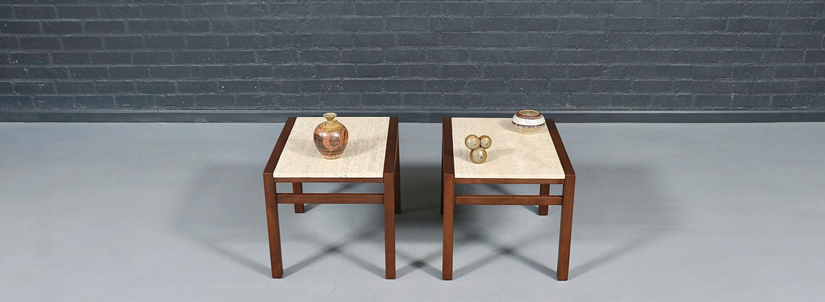 Pair of Californian Modern Travertine Top Side Tables
