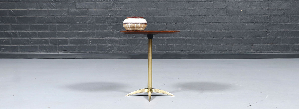 Mid-Century Modern Walnut & Brass Starburst Pedestal Side Table