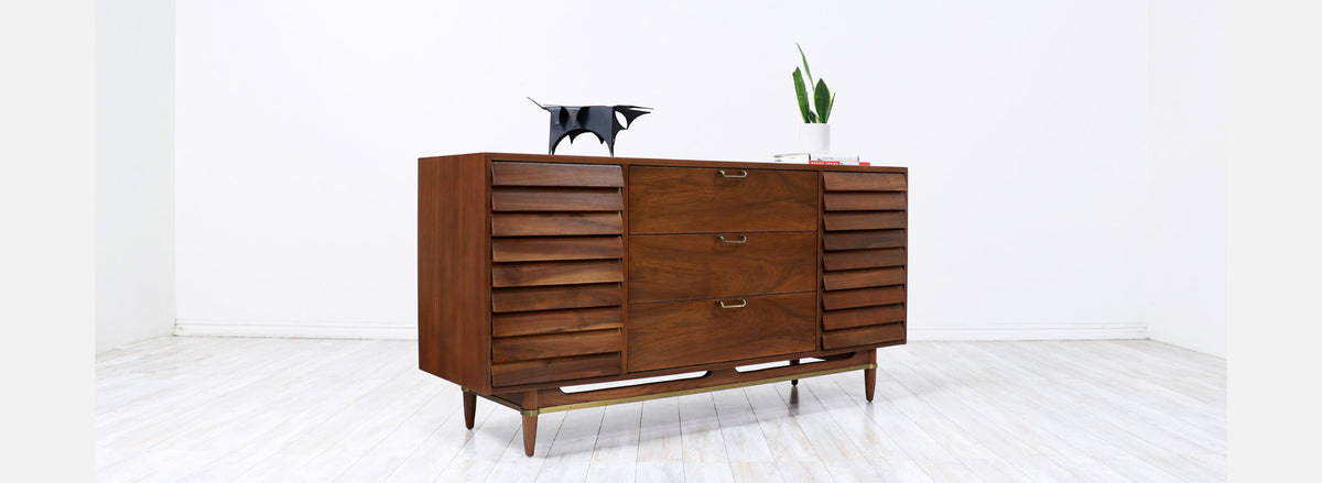 Merton L. Gershun Walnut Dresser with Brass Accents for American of Martinsville