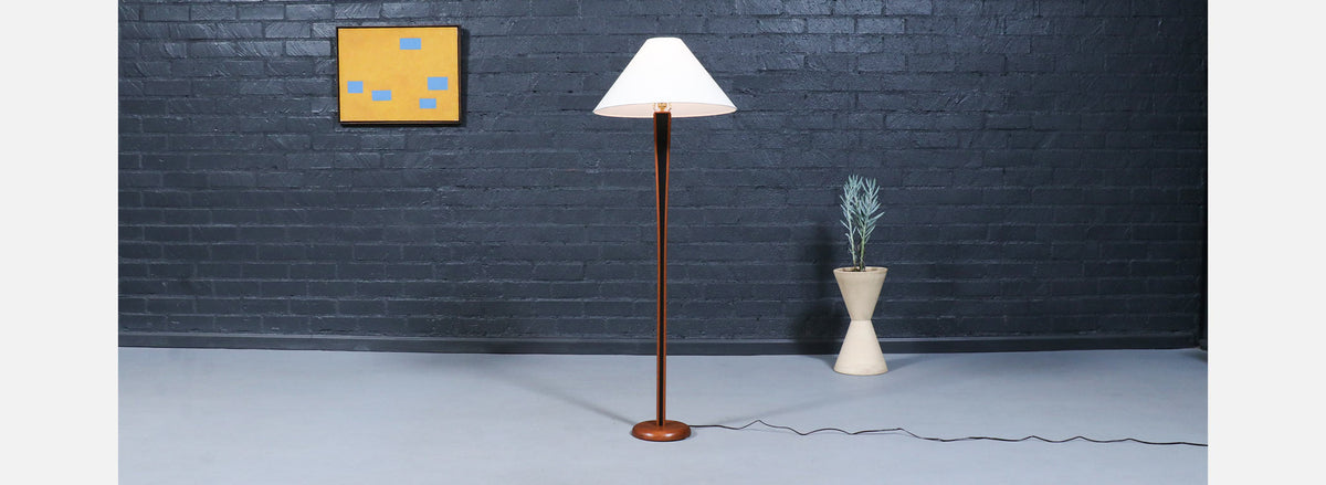 Danish Modern Sculpted Teak Floor Lamp w/ Linen Cone Shade