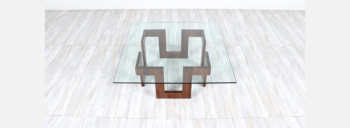 Mid-Century Modern Sculpted Geometric Walnut Coffee Table with Glass Top