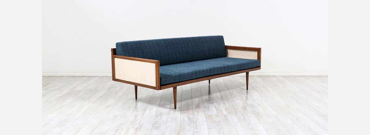 Mid-Century Modern Walnut & Cane Daybed Sofa