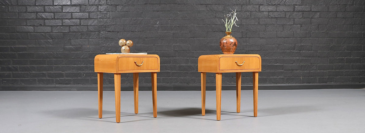 Swedish Scandinavian Modern Oak Night Stands w/ Brass Accent Handle