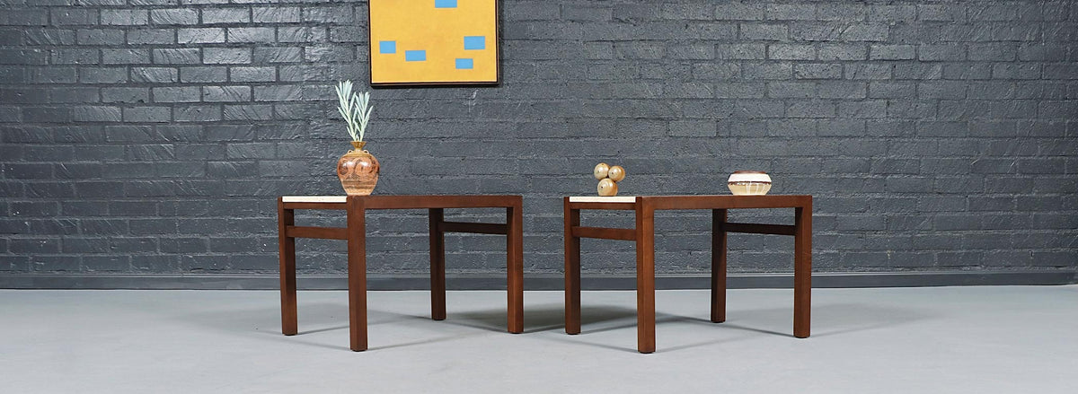 Pair of Californian Modern Travertine Top Side Tables