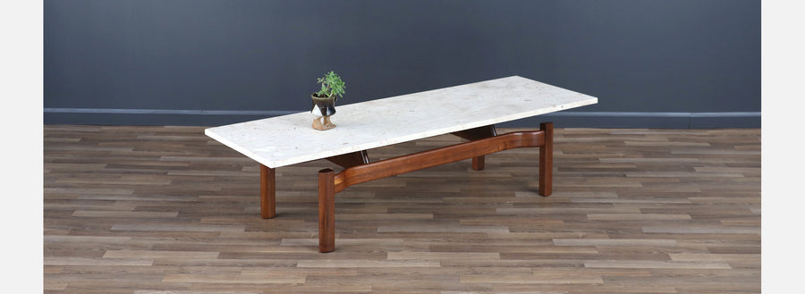 Mid-Century Modern Sculpted Walnut Coffee Table w/ Marble Stone Top 