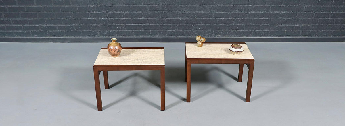 Pair of Californian Modern Travertine Top Side Tables