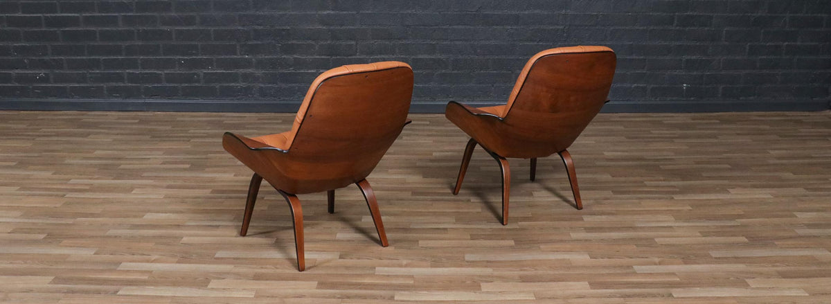 George Mulhauser Tufted Leather & Walnut Lounge Chairs for Plycraft
