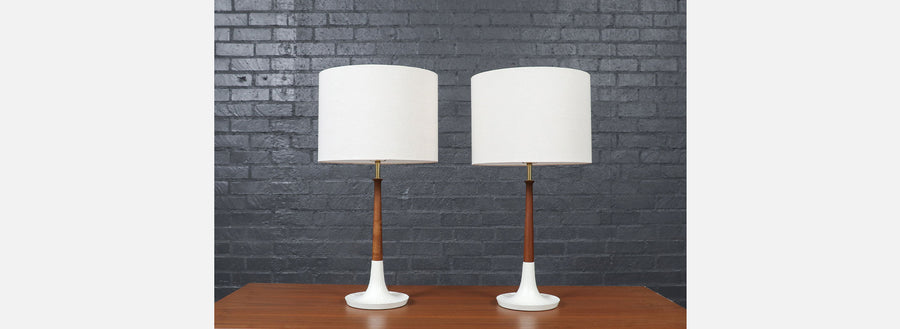 Mid-Century Modern Walnut Table Lamps w/ Sculptural Metal Bases