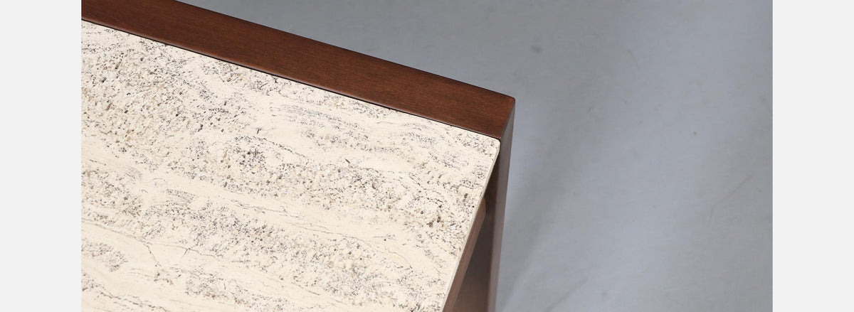 Pair of Californian Modern Travertine Top Side Tables