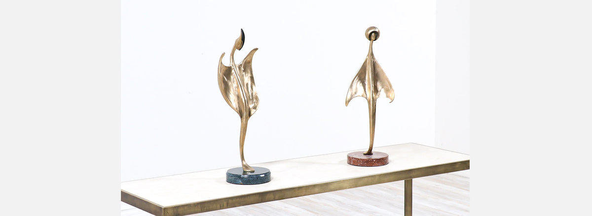 Mid-Century Modern Abstract Brass Sculpture with Pink Marble Base