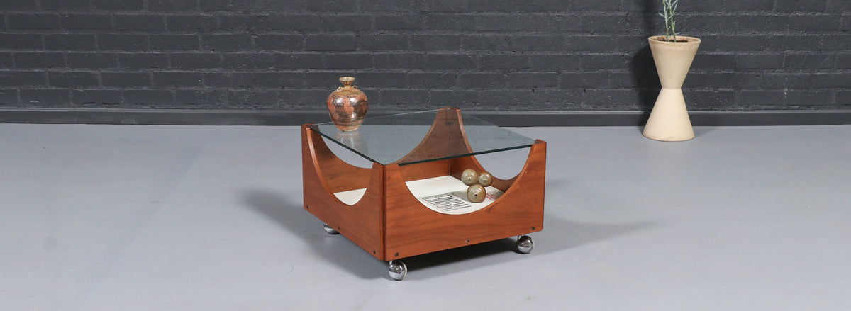 H.W. Klein Rolling Teak Coffee Table w/ Floating Glass Top for Bramin