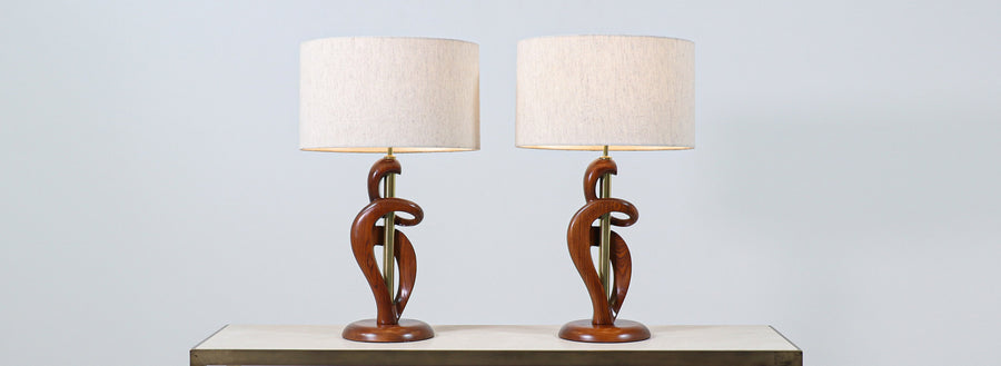 Mid-Century Modern Sculpted Wood & Brass Table Lamps by Light House Co.
