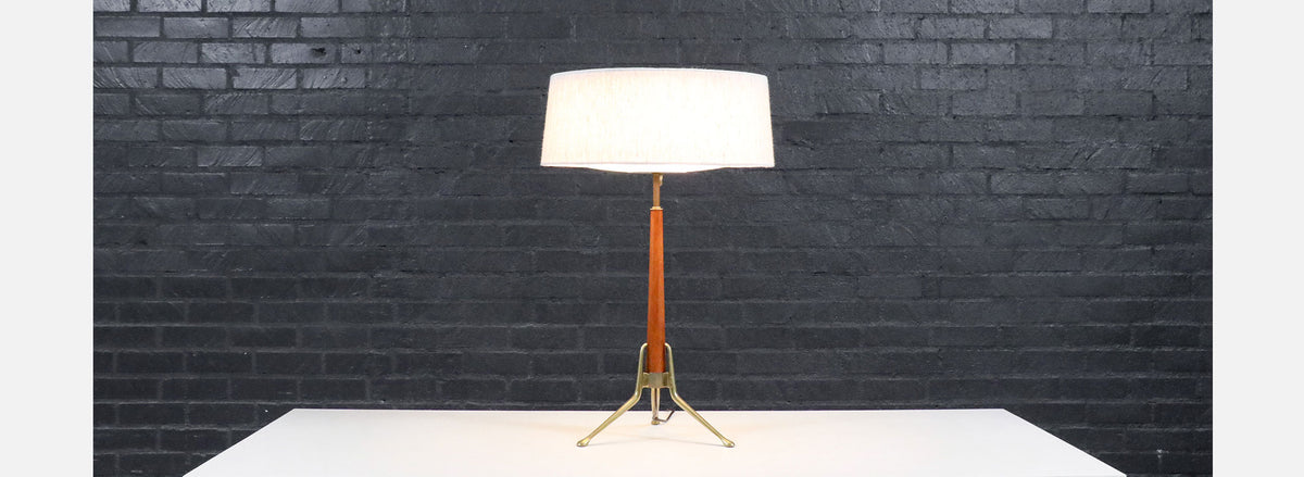 Gerald Thurston Tripod Sculpted Brass & Walnut Table Lamp
