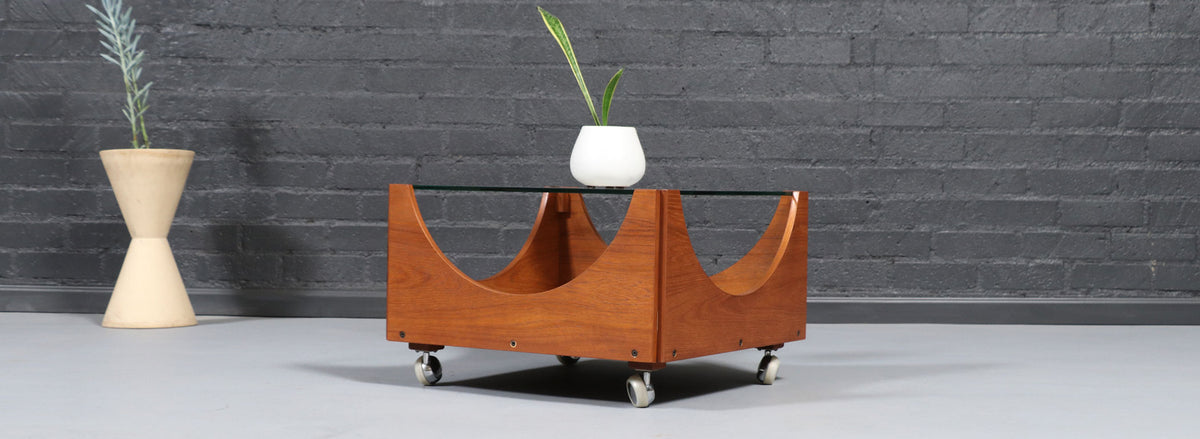 H.W. Klein Rolling Teak & Glass Coffee Table for Bramin