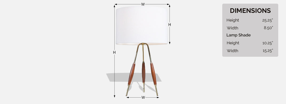 Mid-Century Modern Tripod Brass & Walnut Table Lamp