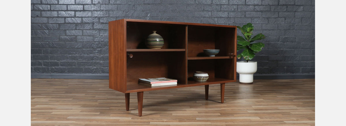 Custom Made Walnut Bookcase w/ Glass Doors by Danish Modern LA