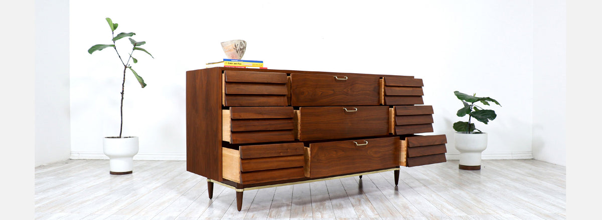 Merton Gershun Walnut Dresser with Brass Accents for American of Martinsville