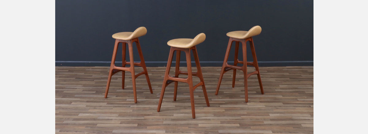 Danish Modern Teak & Tan Leather Bar Stools by Erik Buch 
