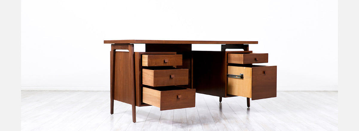 Mid-Century Modern Executive Walnut Desk with Floating Top