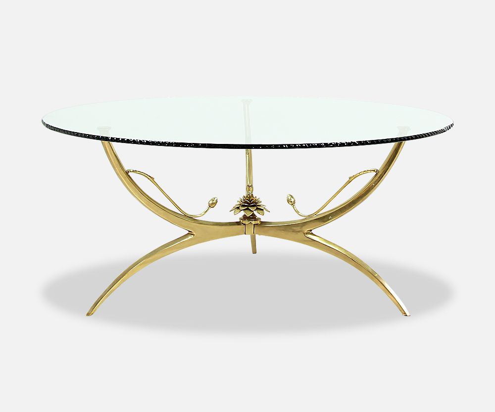 Mid-Century Brass Lotus Flower & Glass Top Coffee Table