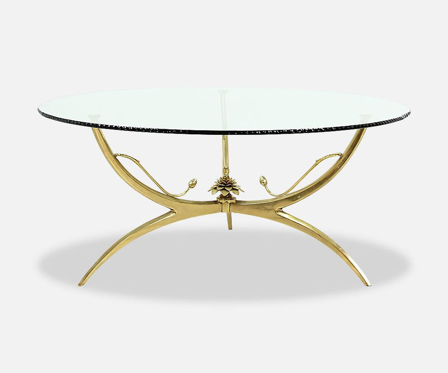 Mid-Century Brass Lotus Flower & Glass Top Coffee Table