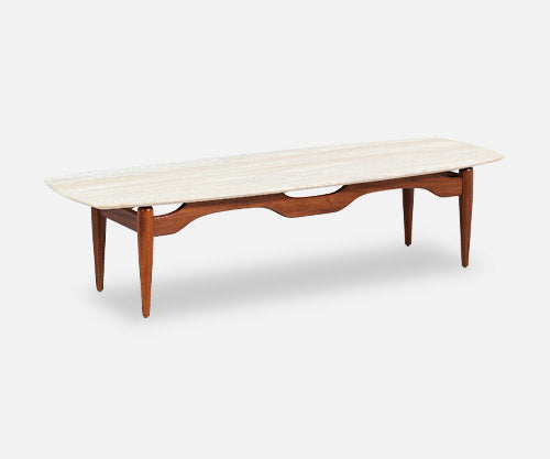 Mid-Century Floating-Top Surfboard Coffee Table with Travertine Top