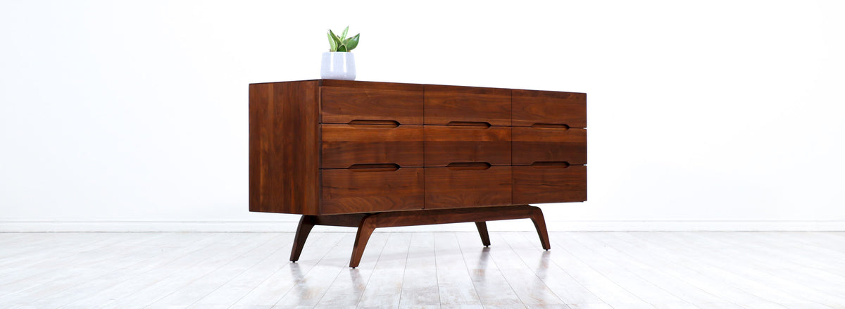 Mid-Century Modern Sculpted Walnut 9-Drawer Dresser 