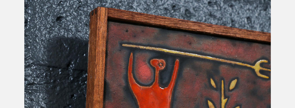 Mid-Century Studio Ceramic Plaque w/ Primitivist Animal & Hunting Motifs