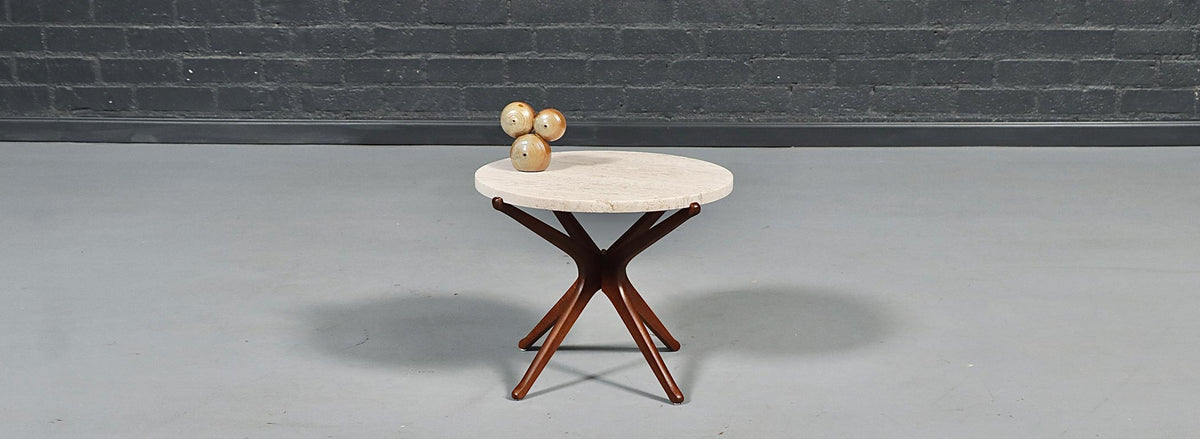 Italian Mid Century Sculpted Wood & Travertine Side Table