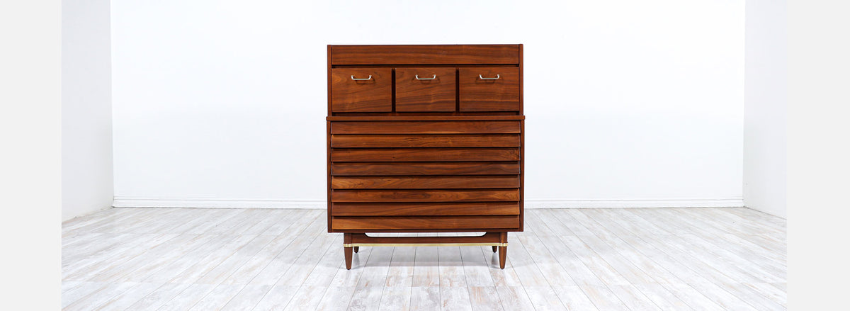 Merton L. Gershun Walnut Chest of Drawers with Brass Accents for American of Martinsville