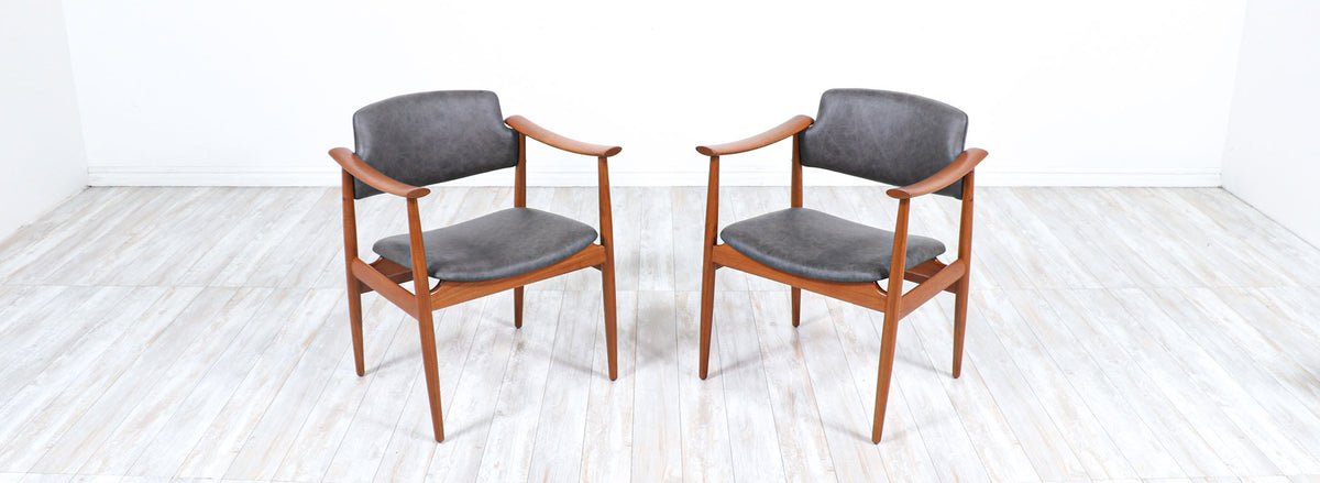 Norwegian Modern Sculpted Teak & Leather Arm Chairs by Gerhard Berg