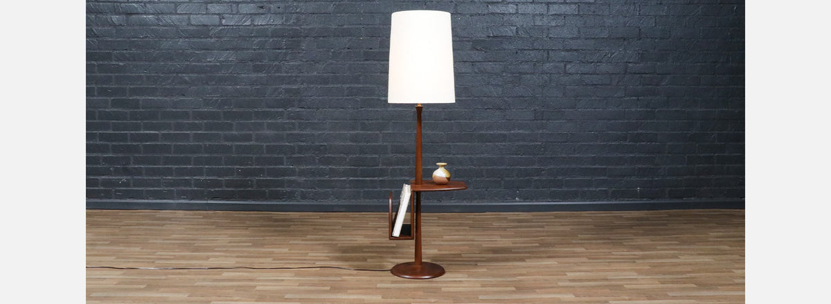 Laurel Walnut Floor Lamp w/ Magazine Holder & Tray Table