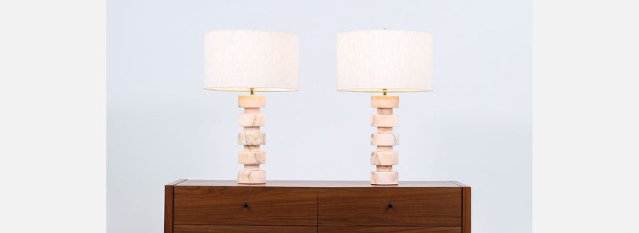 Mid-Century Modern Stacked Pink Carrara Marble Disc Table Lamps