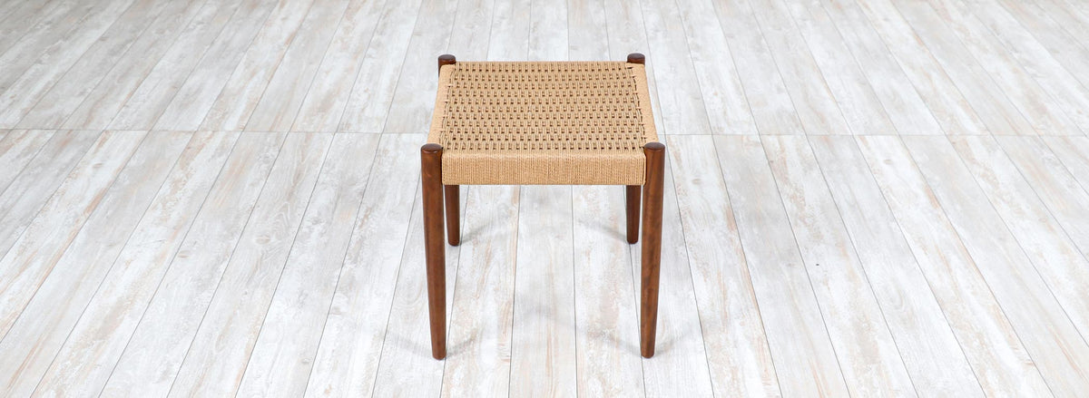 Danish Modern African Teak & Rush Chord Stool or Ottoman