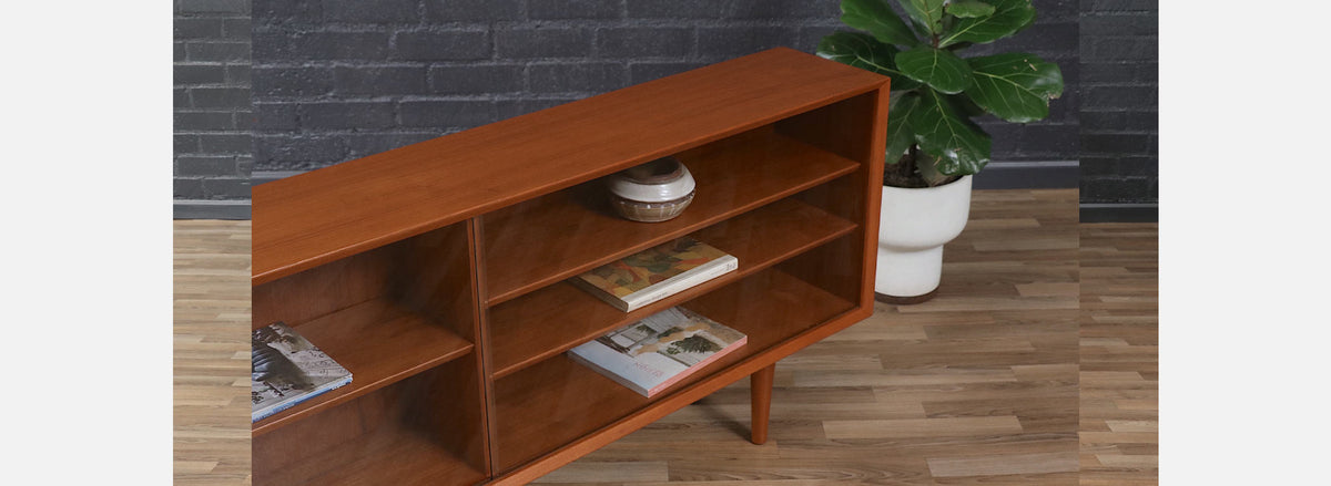 Danish Teak Bookcase w/ Glass Sliding Doors