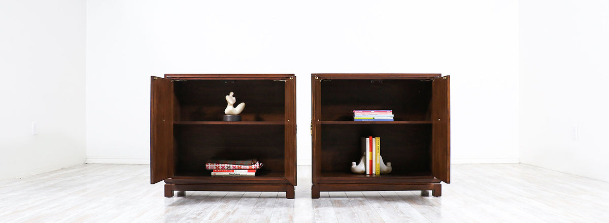 Tommi Parzinger Green Leather Front Cabinets With Brass Pulls for Charak Modern