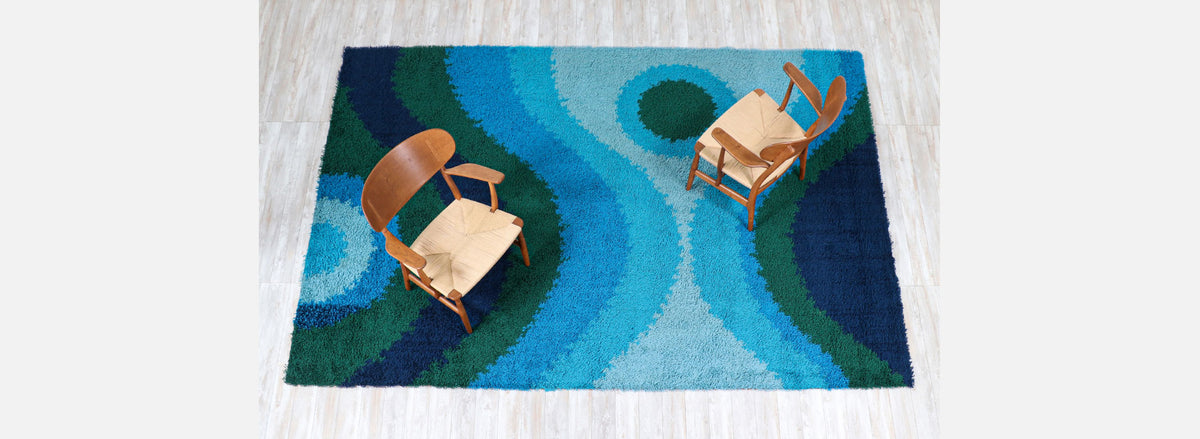 Large Danish Modern Hand-Knotted Blue/Green Wool Rug by Rya