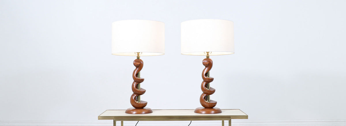 Mid-Century Modern Spiral Wood Table Lamps by Light House Co.