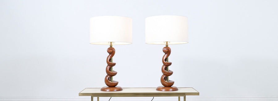 Mid-Century Modern Spiral Wood Table Lamps by Light House Co.