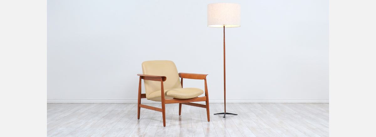 Danish Modern Teak Floor Lamp with Tripod Iron Base