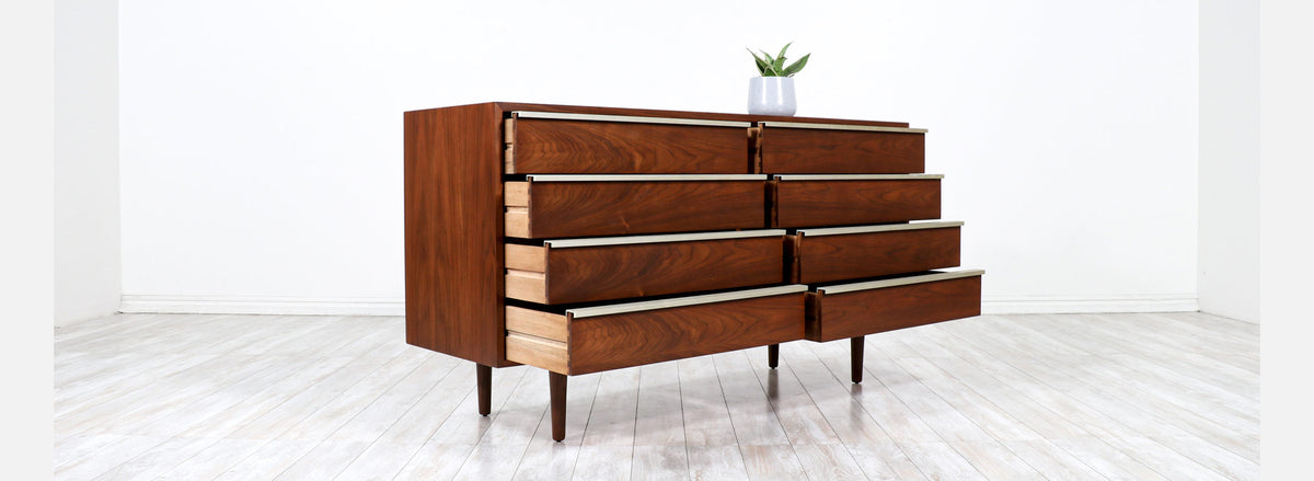 John Keal 8-Drawer Walnut Dresser with Brass Accents 