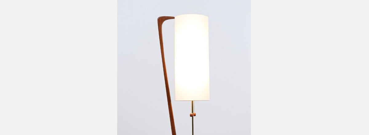 Mid-Century Modern Sculpted Walnut & Brass Floor Lamp with Accent Side Table