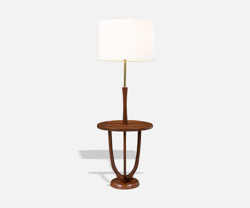 Mid-Century Modern Sculpted Walnut & Brass Floor Lamp with Side Table