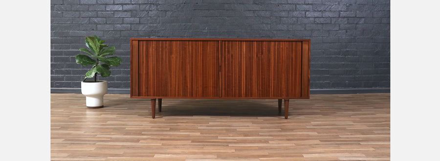 Vintage Mid-Century Walnut Tambour-Door Credenza