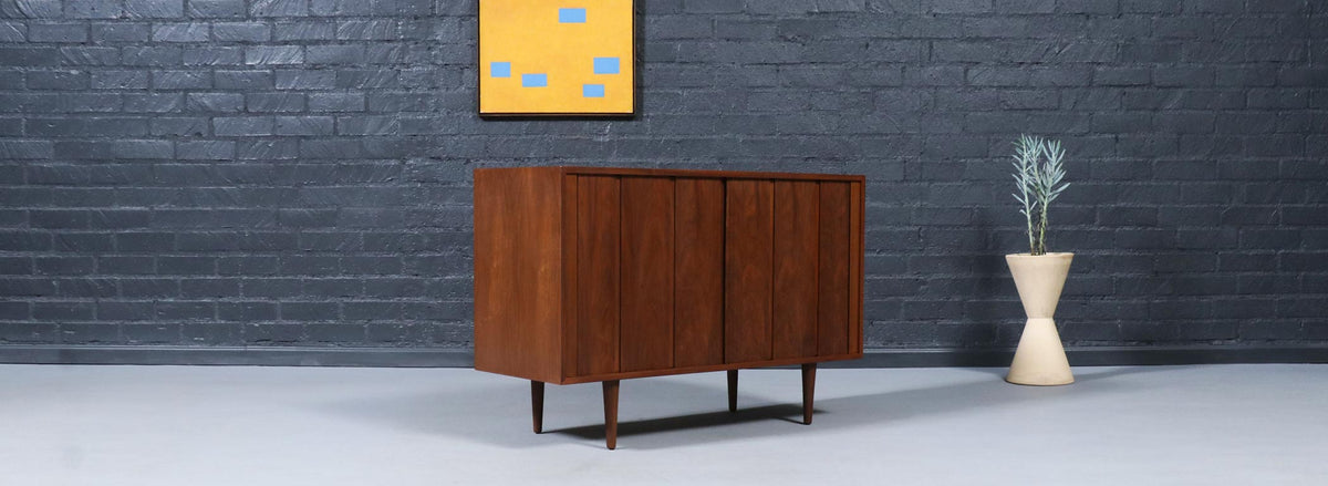 Californian Modernist Tambour-Door Walnut Credenza by Barzilay