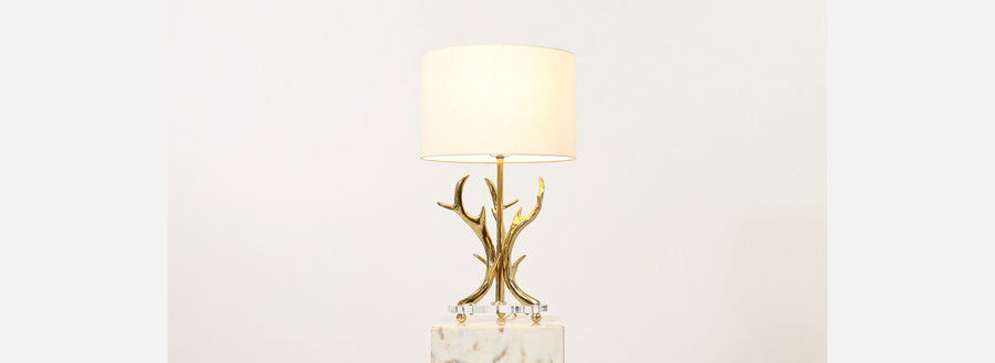 Mid-Century Modern Sculpted Brass Horns & Lucite Table Lamp 