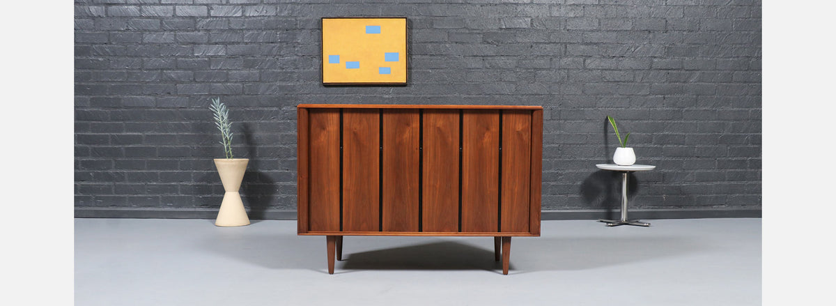 California Modernist Tambour-Door Walnut Credenza by Barzilay
